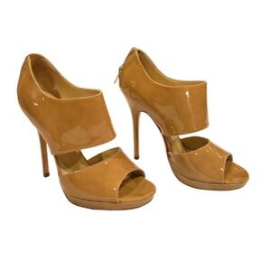 Jimmy Choo Patent Leather Tan Peep-Toe Heels